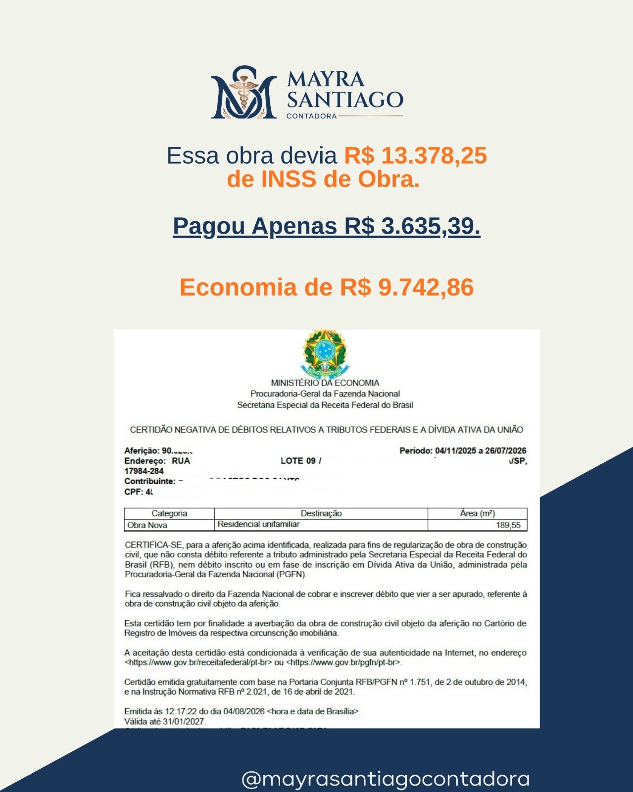 Resultado real de regularização de INSS de obra